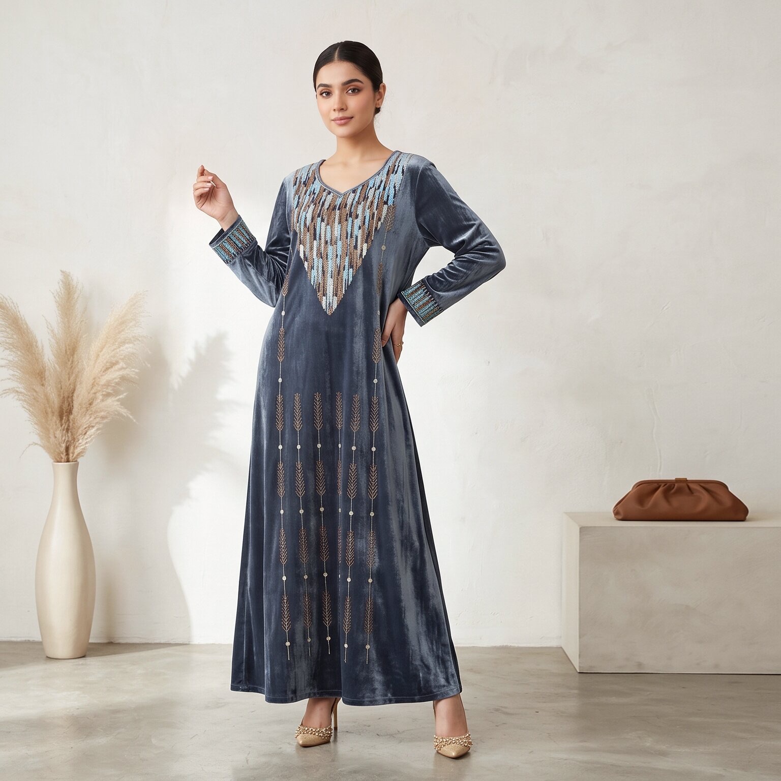Woman wearing an embellished full-length abaya