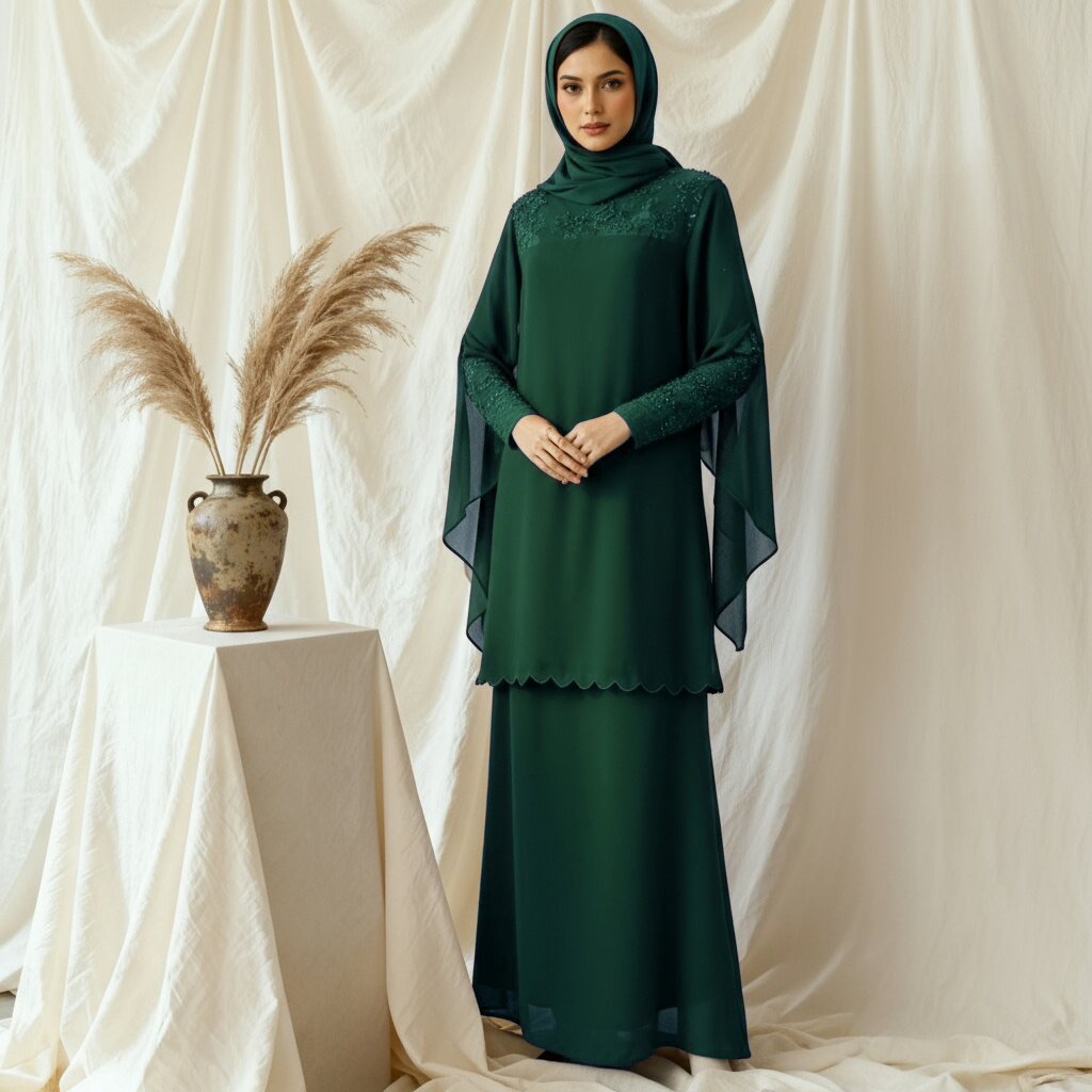 Woman wearing a layered green modest set with hijab