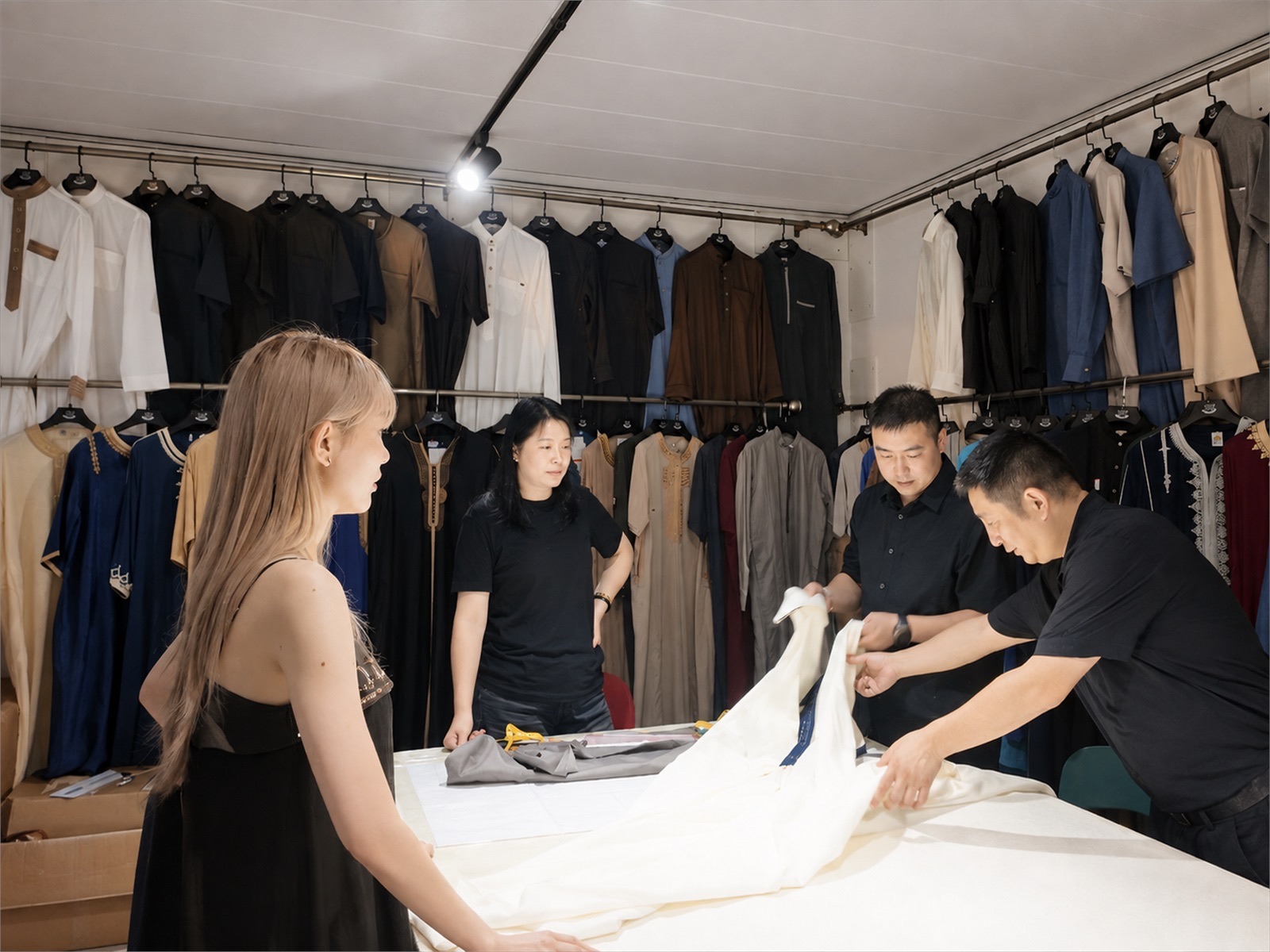 Team reviewing a garment in a modest-fashion showroom
